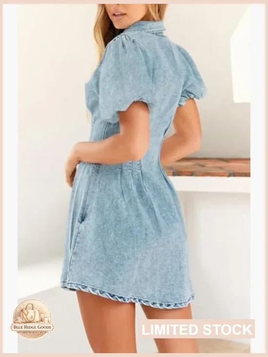 Puff Sleeve Denim Dress Slim Fit Casual Summer Mini A-Line Collared - Picture 2 of 7